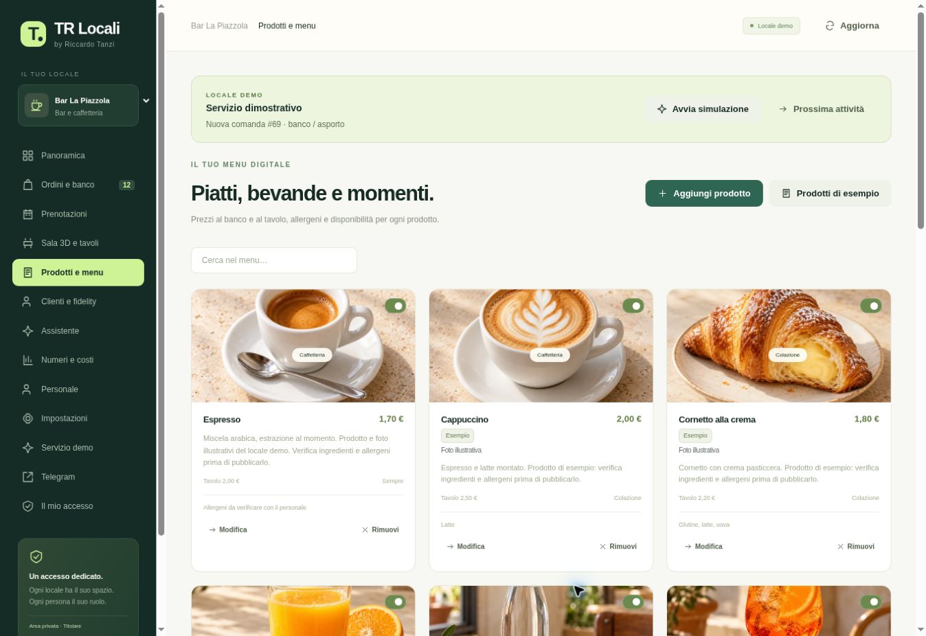 Catalogo reale del locale demo con foto illustrative di Espresso, Cappuccino e Cornetto alla crema