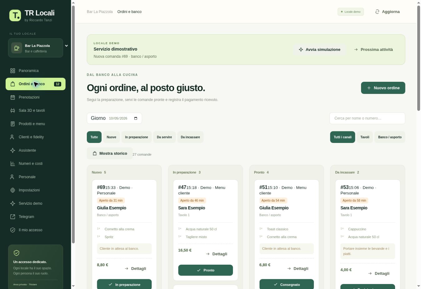 Schermata reale del locale demo: comande divise per stato di lavorazione