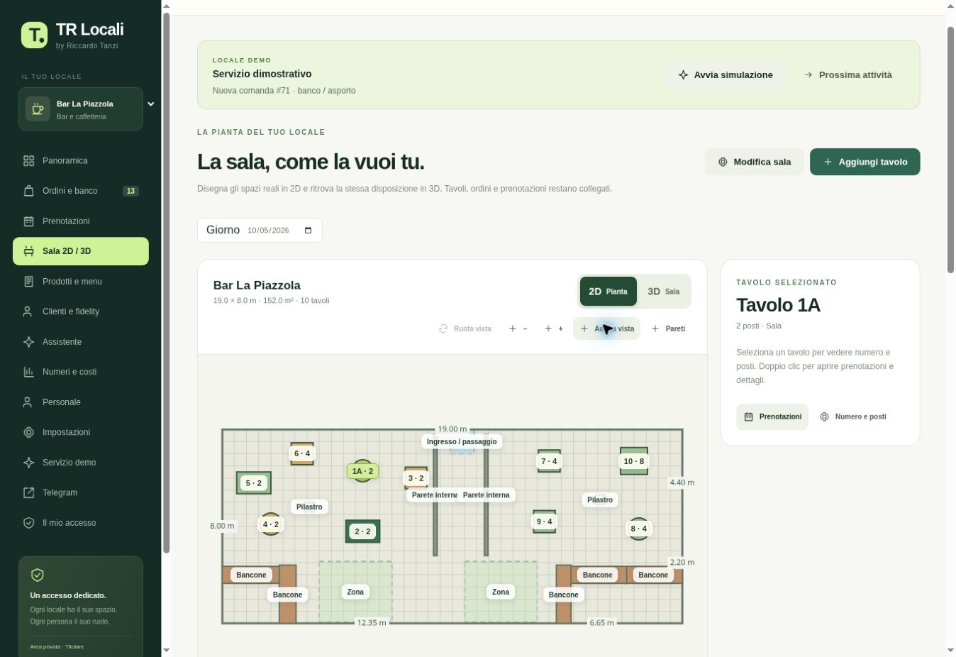 La sala del locale demo nell’editor TR Locali: pianta, tavoli e arredi