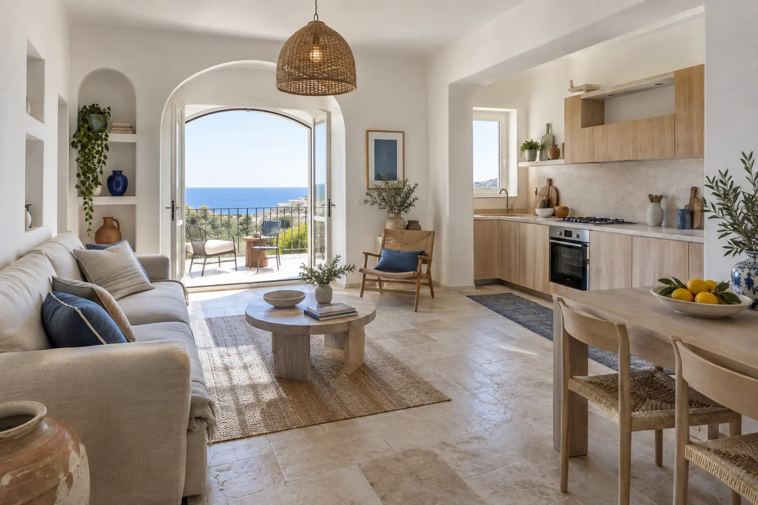 Zona giorno luminosa con cucina e balcone vista mare