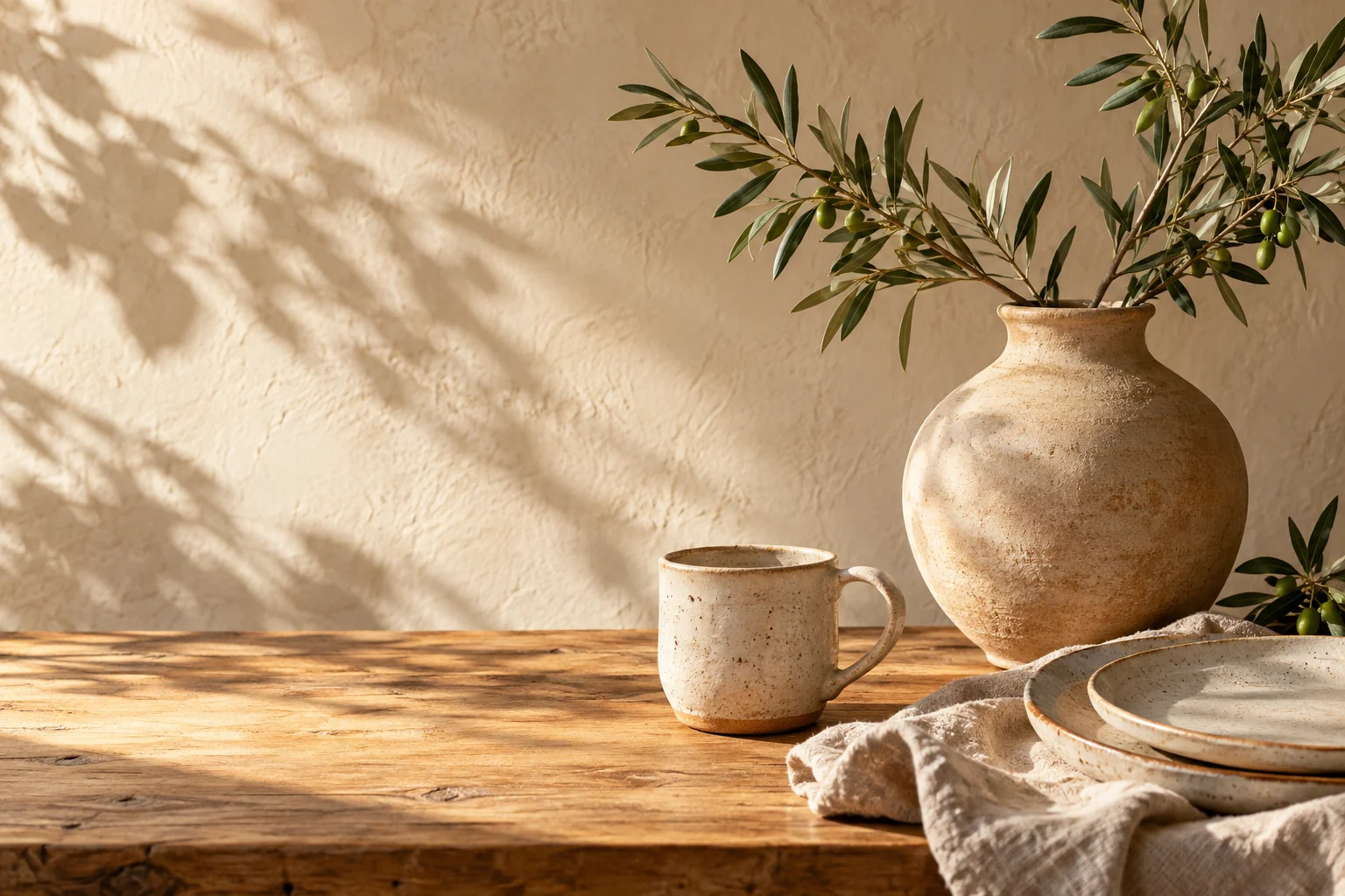 Ceramiche artigianali su una tavola di legno illuminata dal sole