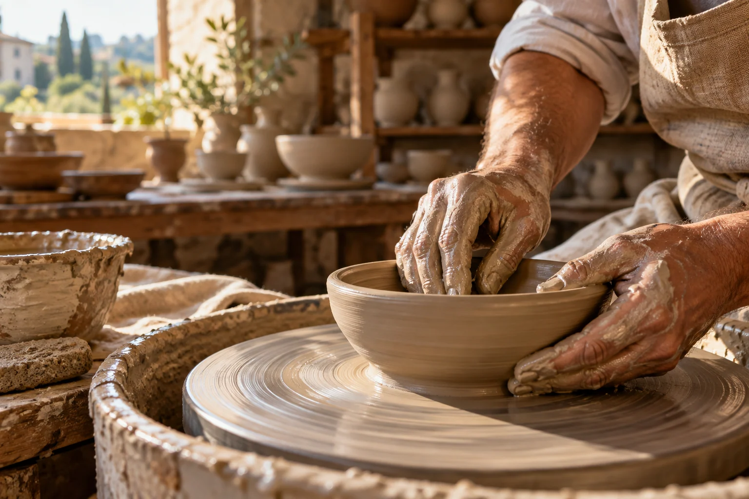 Mani di un artigiano che modellano l’argilla al tornio